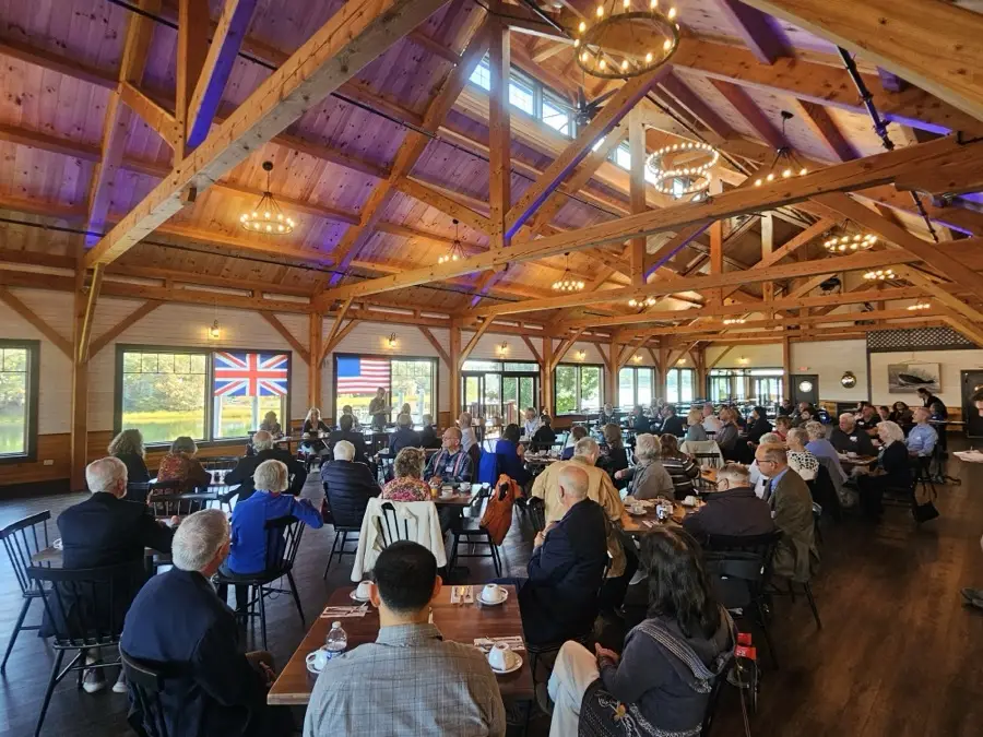 Main Ballroom event space with timber-frame ceiling