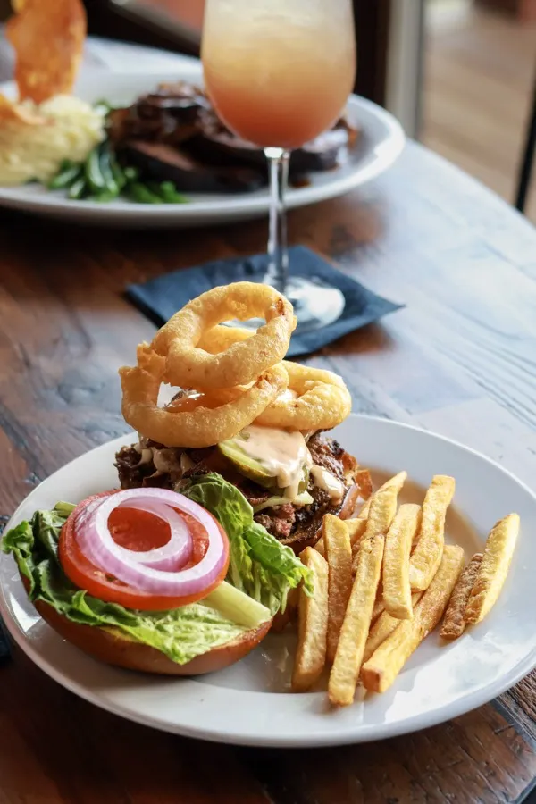 Harborside burger with onion rings